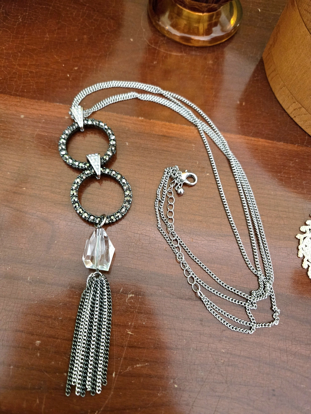 Silver Crystal Tassel Pendant Necklace - Clear & Silver
